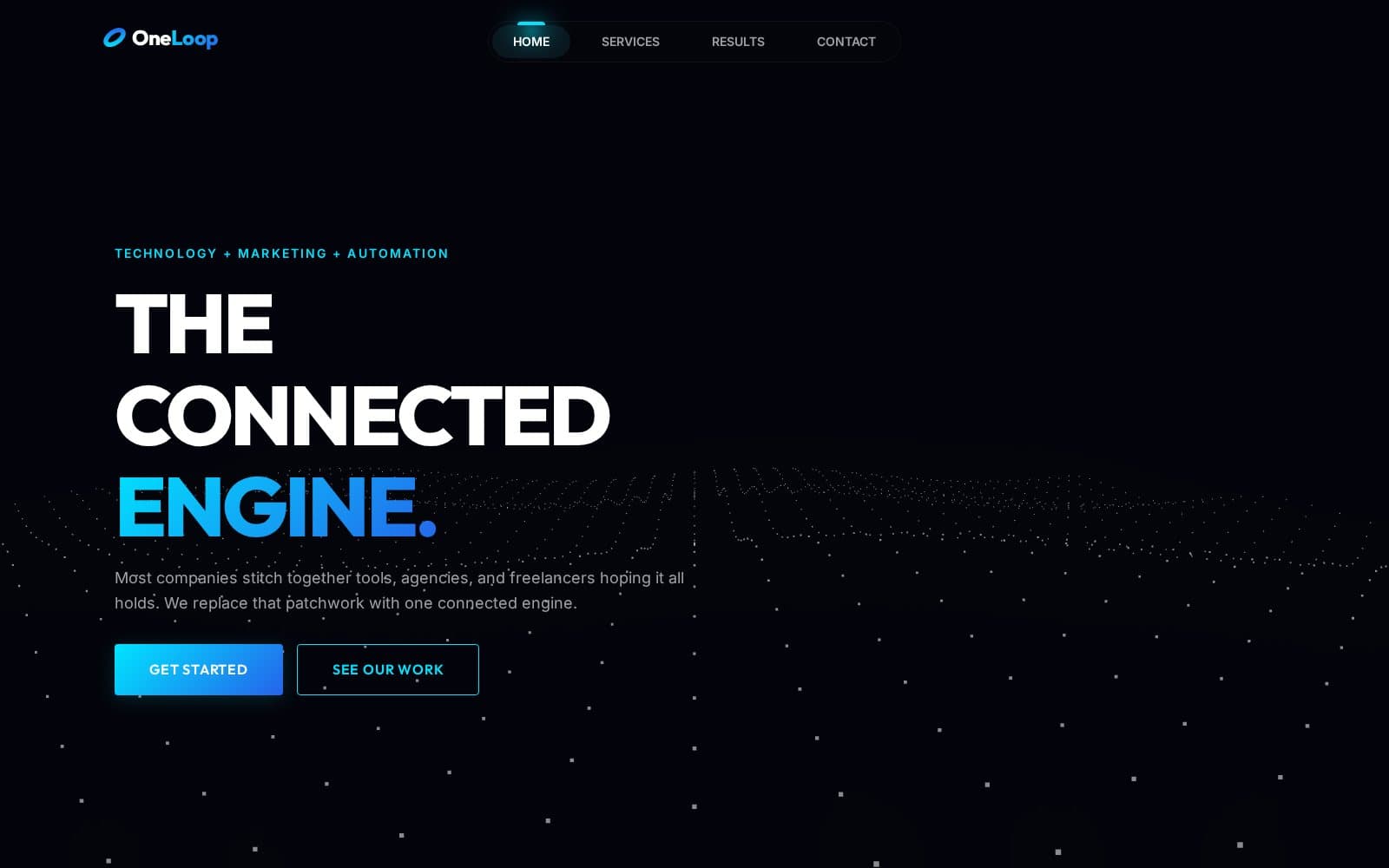 One Loop AI home page: the headline The Connected Engine over a field of glowing dots.